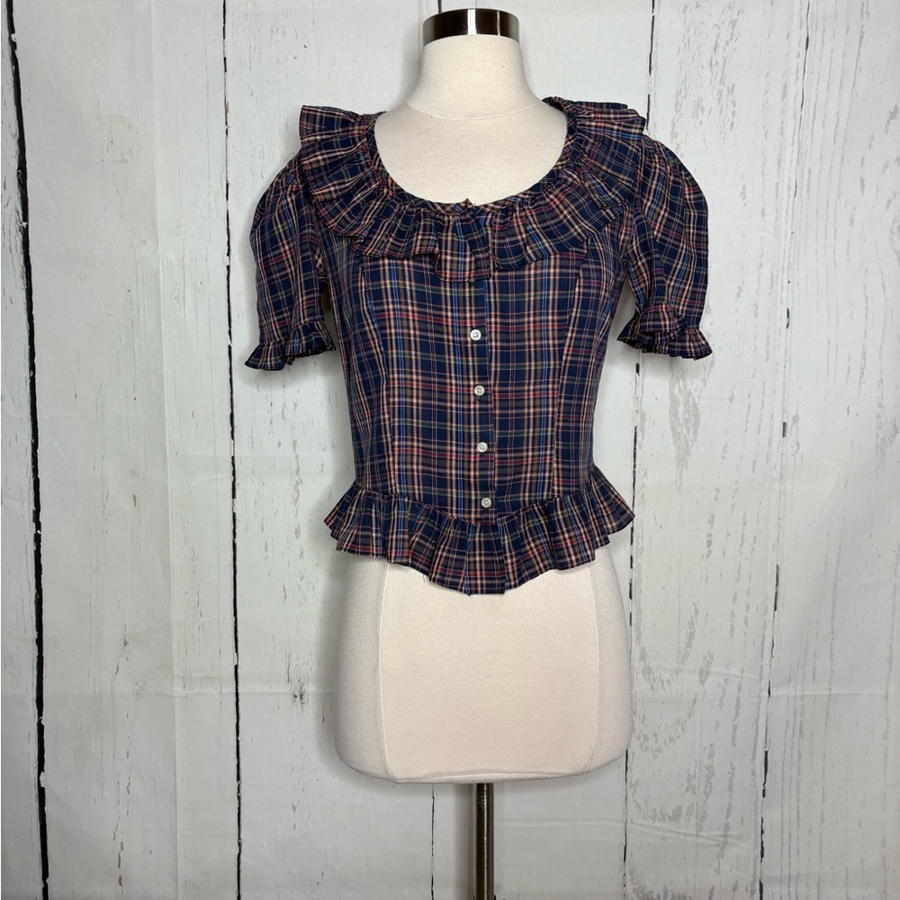 Plaid Ruffle Peplum Top - Navy Multi - Picture 3 of 5
